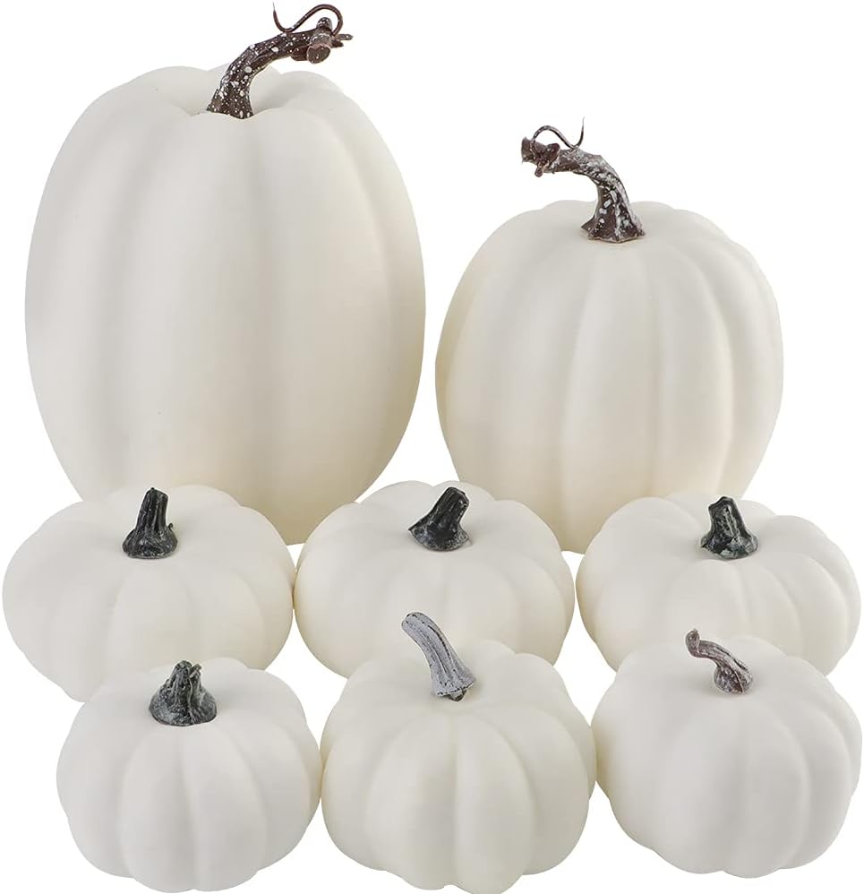 Artmag 8 Pcs Assorted Sizes Harvest Orange Artificial Pumpkins for Fall Halloween Thanksgiving Decorating Embellishing and Displaying