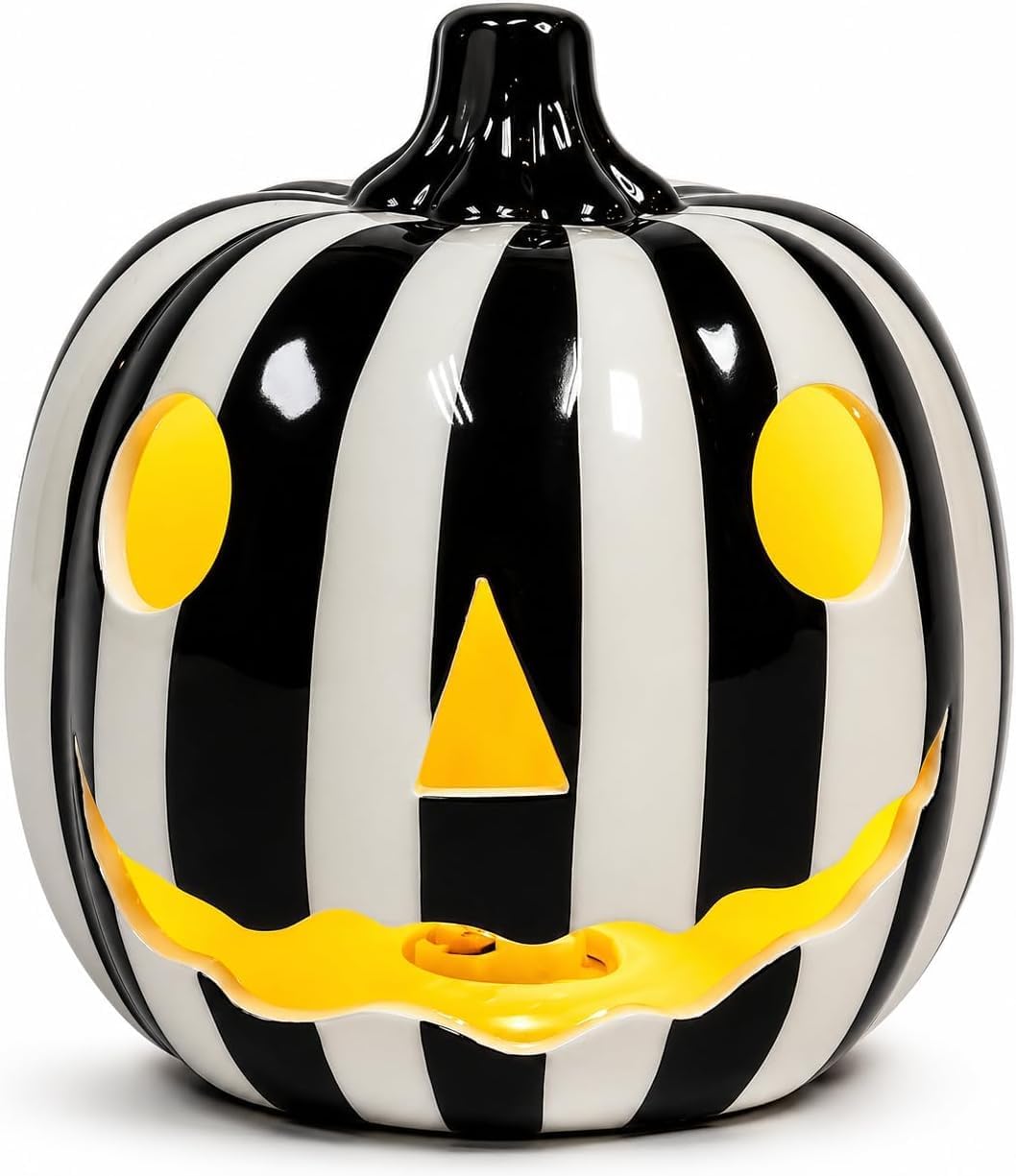 Midnight Manor LED Lighted Ceramic Jacko Lantern Pumpkin Halloween (Zebra)