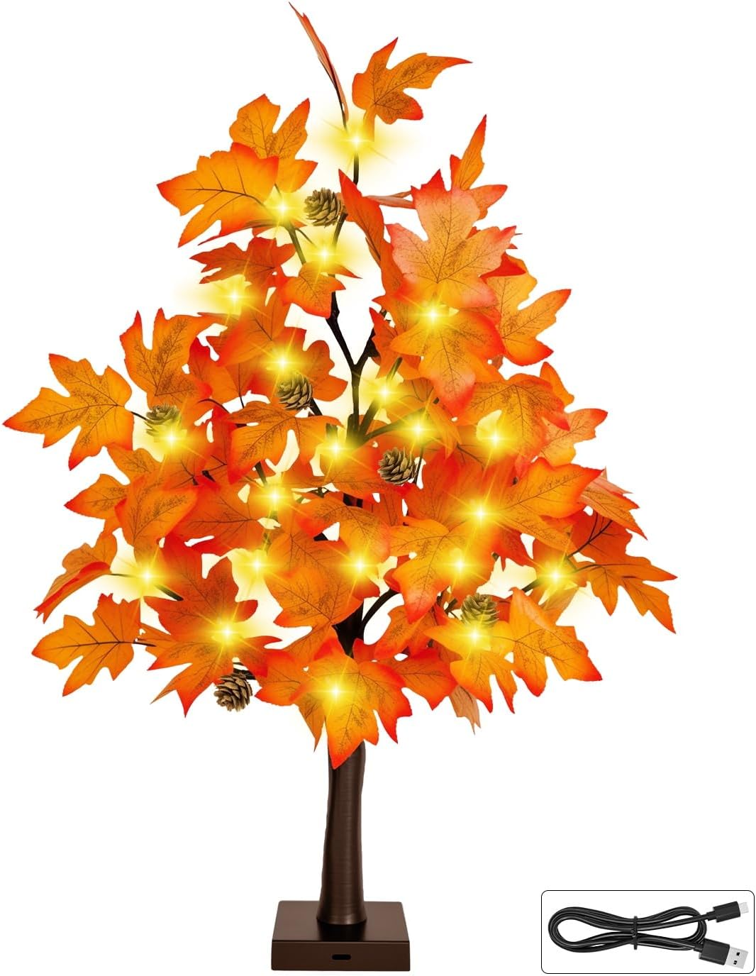 Fall Decor 2FT Lighted Maple Tree - 24 Inch Tabletop Fall Tree with 36 LED Lights, 72 Maple Leaves, 6 Pines, Timer, Battery or USB Operated Artificial Tree Fall Decorations for Home