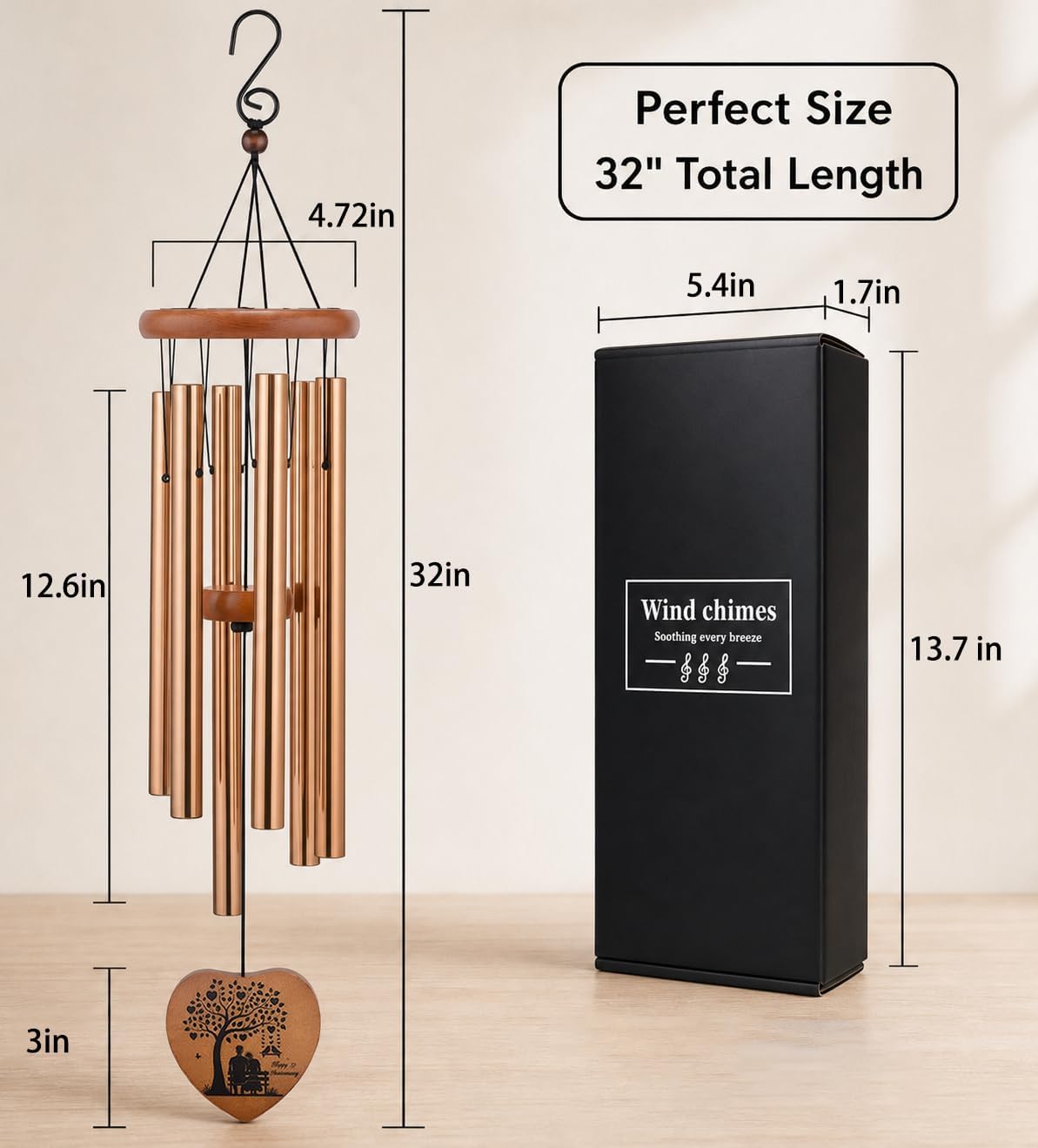 Anniversary Wind Chimes Gifts for Couple, Gifts for Husband, Wife & Parents | 32-Inch Outdoor Decor, Anniversary Decorations, Indoor & Outdoor Home & Garden Patio Decorations with Gift Box and Rose Card