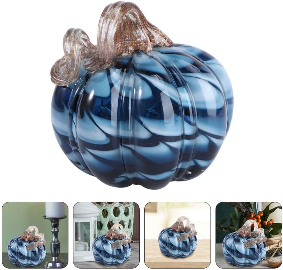 Homoyoyo Glass Pumpkin, Blue Handblown Pumpkin Elegant Table Accent Handmade Table Top Home Décor for Holloween Christmas Fall Harvest& Thanksgiving Decorating