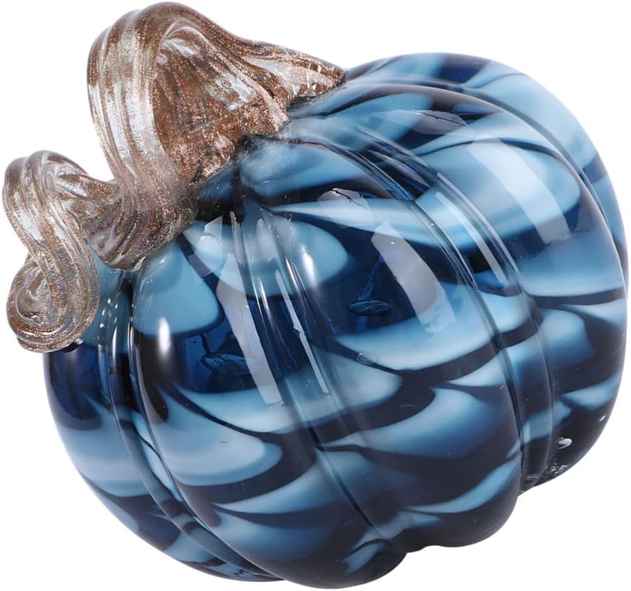 Homoyoyo Glass Pumpkin, Blue Handblown Pumpkin Elegant Table Accent Handmade Table Top Home Décor for Holloween Christmas Fall Harvest& Thanksgiving Decorating