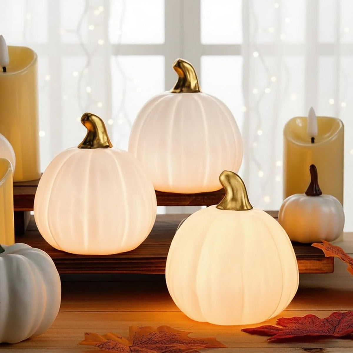 Rossesay 3 Pcs Fall Ceramic Light up Pumpkin 3.94 x 3.5'', White | Halloween Tabletop Decor, Kitchen, Home, Centerpiece, Indoor, for Thanksgiving Holiday Party Decorations