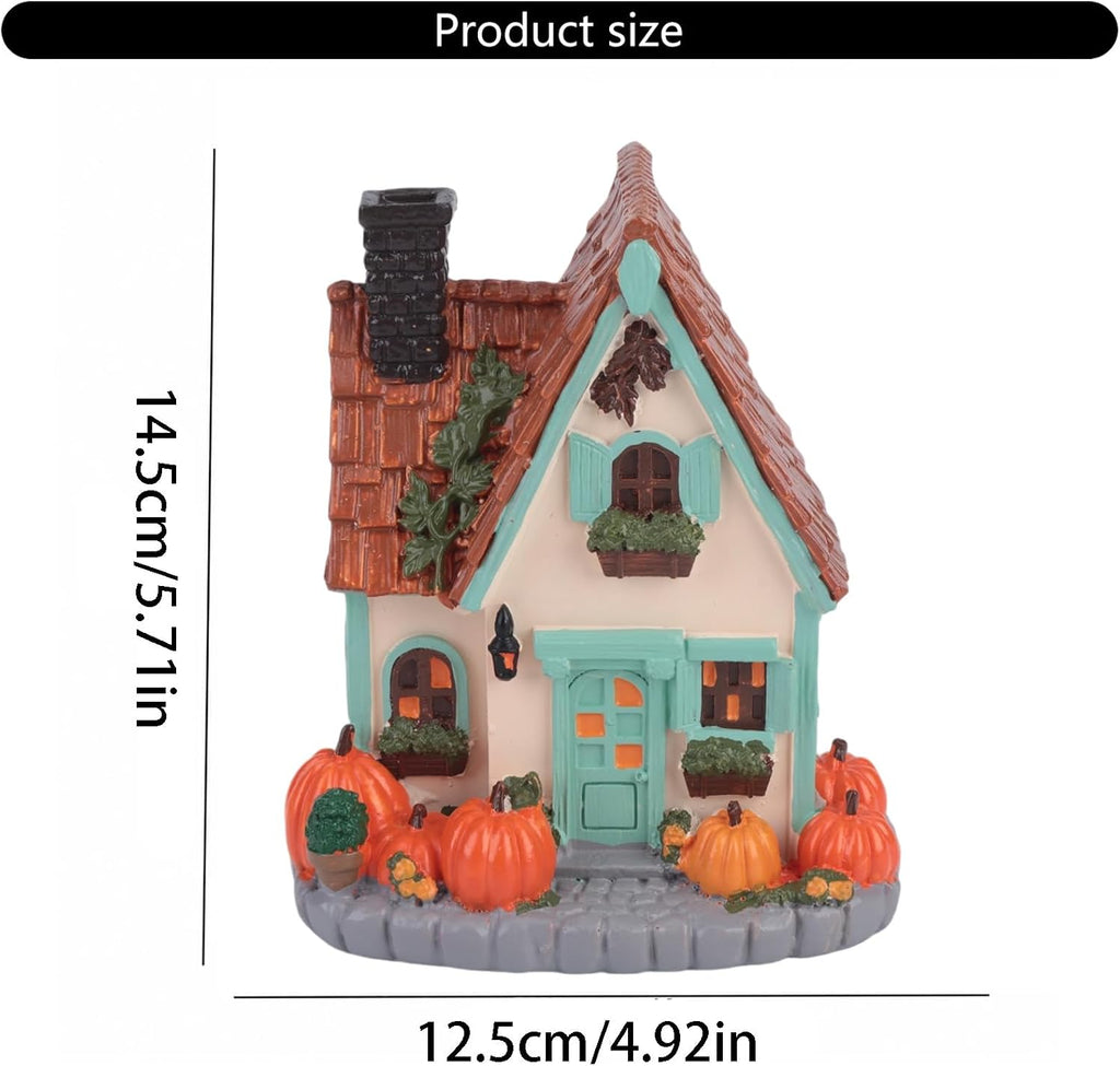Lighted Resin Pumpkin House, LED Warm Glow Cottage Tabletop Decor | Hidden LED Inside, Auto Timer, Stone Base, 19cm Tall, No Assembly, for Mantel Entryway Shelf