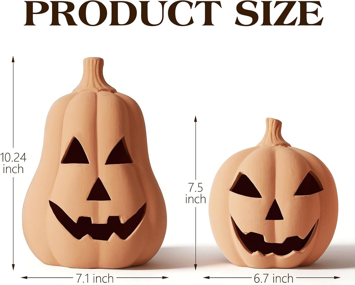 Halloween Decorations, Set of 2 Handmade Terracotta Jack O' Lanterns | Cozy Fall Decor for Home, Indoor Outdoor Autumn Farmhouse Decor for Porch, Front Door, Mantel, Table Centerpiece