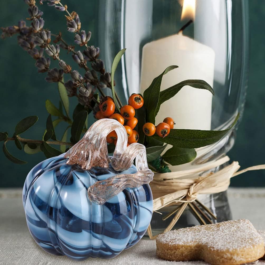 Homoyoyo Glass Pumpkin, Blue Handblown Pumpkin Elegant Table Accent Handmade Table Top Home Décor for Holloween Christmas Fall Harvest& Thanksgiving Decorating