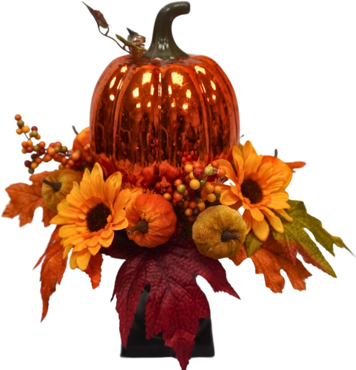 Svndlyn 15 Inch Lighted Fall Pumpkin Arrangement with Pumpkin, Daisies | 15 LEDs with Mercury Glass-Style Pumpkin, Mini Pumpkins, Maple Leaves and Berry Clusters for Fall Thanksgiving Harvest Decor