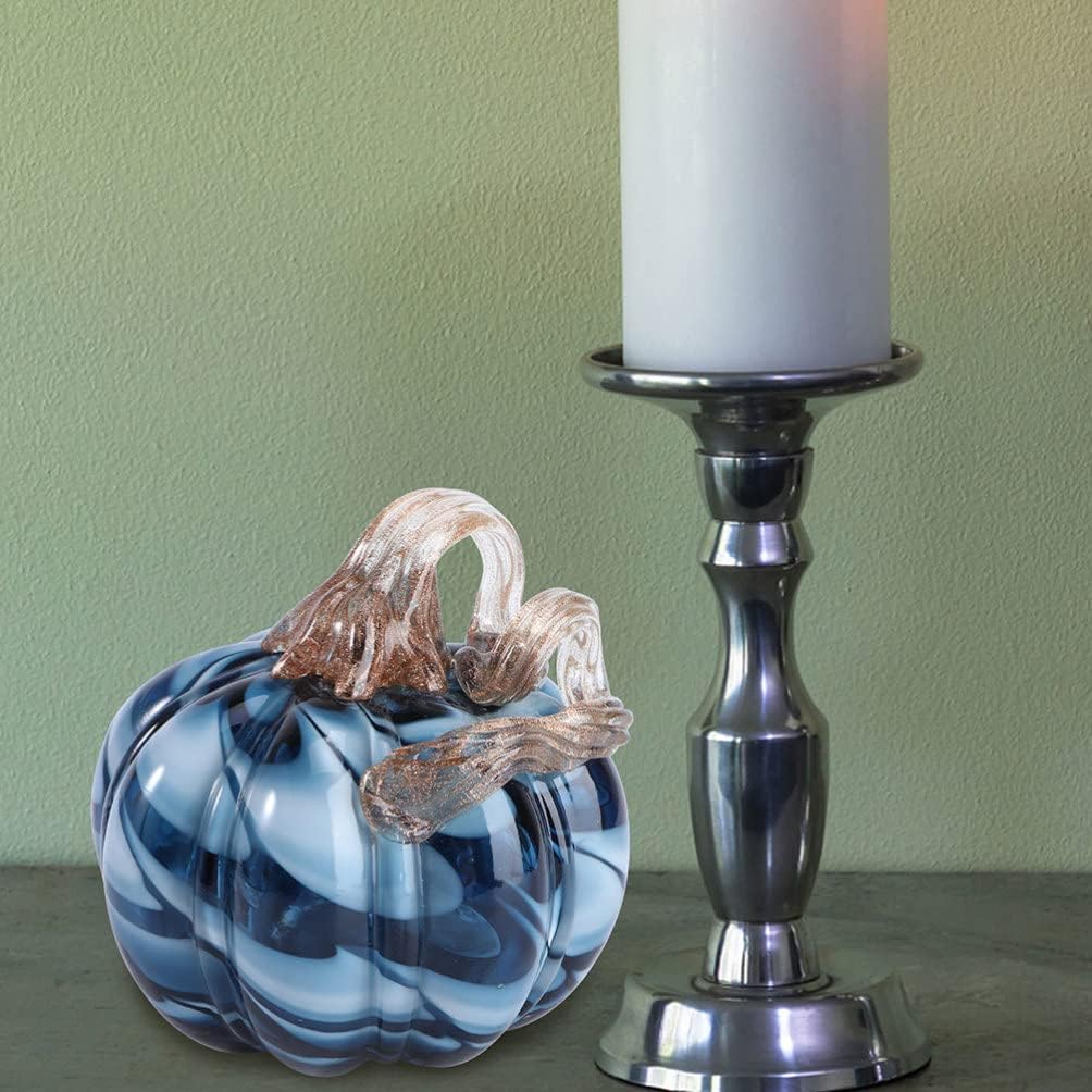 Homoyoyo Glass Pumpkin, Blue Handblown Pumpkin Elegant Table Accent Handmade Table Top Home Décor for Holloween Christmas Fall Harvest& Thanksgiving Decorating