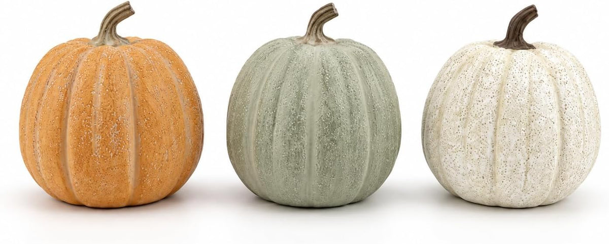 3-Pack Decorative Resin Fall Pumpkins for Autumn Decor (Orange Green Cream) | Fall Tabletop Decorations for Shelf Mantel Thanksgiving Farmhouse Rustic Home Décor