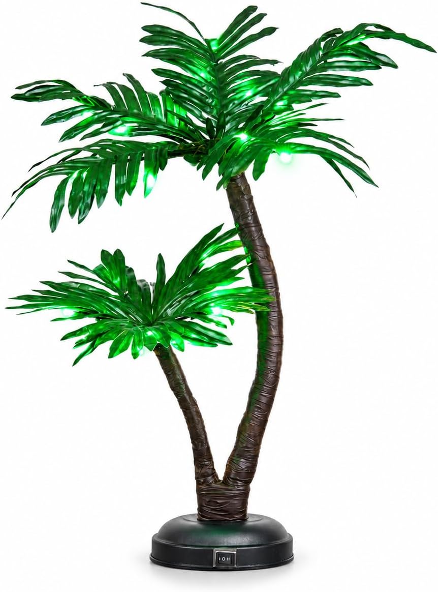 24 Lighted Palm Tree Decor, Tropical Tabletop LED Palm Tree Light with 25 Green LEDs, Battery Powered & Low Voltage Input, 6H Timer, Frosted Metal Base for Tiki Bar, Party, Bedroom