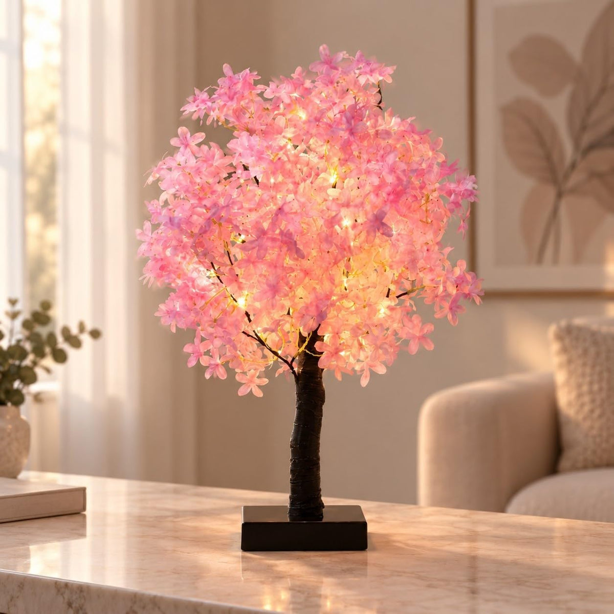 Cherry Blossom Tree Light, LED Tabletop Flower Lamp for Indoor Decor | Faux blossoms and bendable branches bring a soft glow to bedroom deco for flower lovers.(Purple)