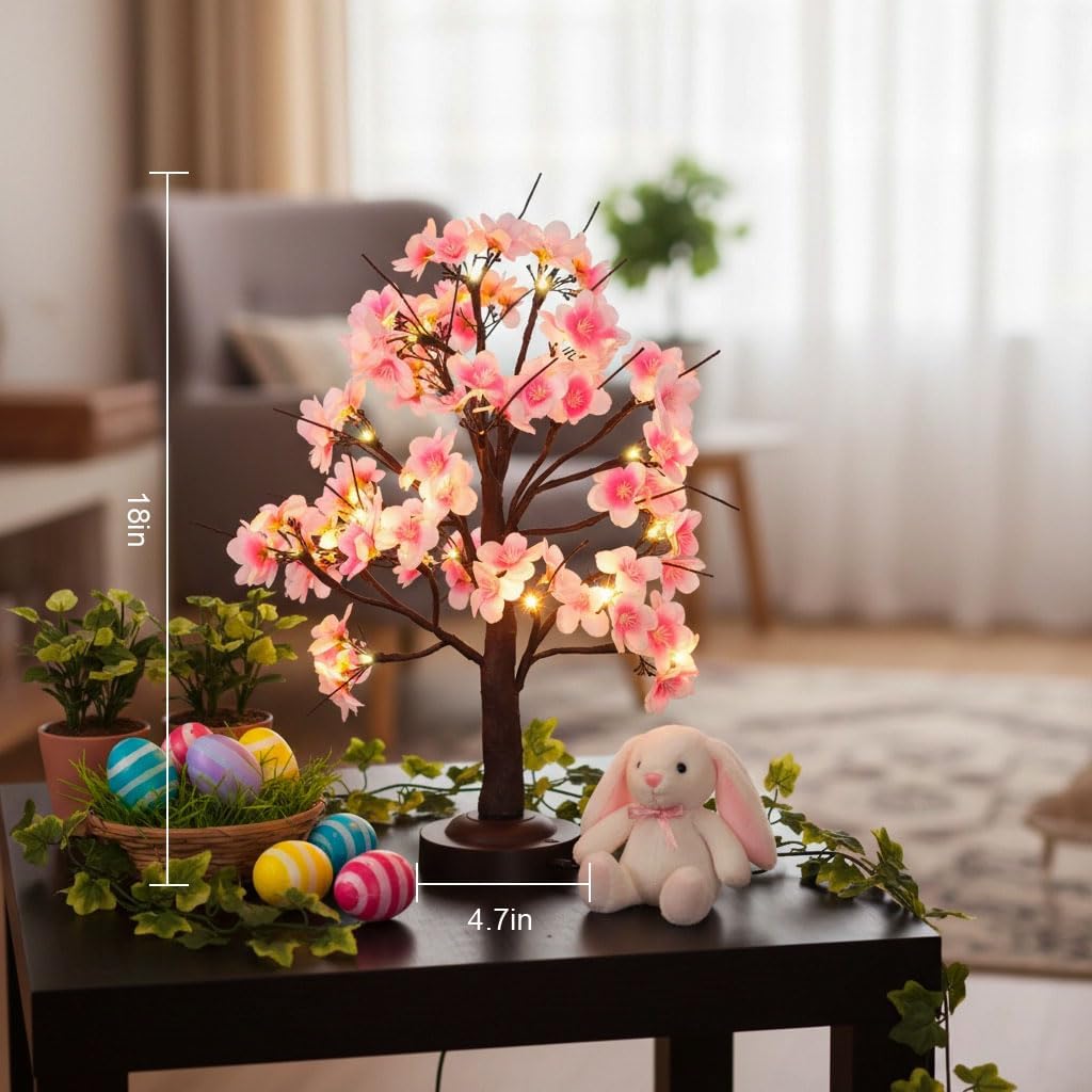 ooLALoo 18 Inch Cherry Blossom Tree with Timer, Warm White Tabletop Spring Bonsai Tree USB/Battery Operated, Light up Artificial Tree Decorations for Christmas Indoor Mantel Home Wedding Easter Gift