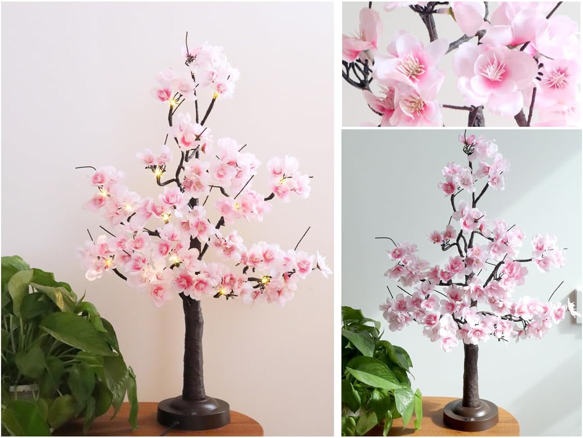 ooLALoo 18 Inch Cherry Blossom Tree with Timer, Warm White Tabletop Spring Bonsai Tree USB/Battery Operated, Light up Artificial Tree Decorations for Christmas Indoor Mantel Home Wedding Easter Gift