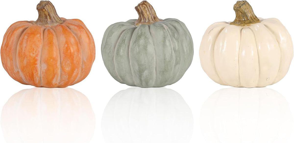 3-Pack Decorative Resin Fall Pumpkins for Autumn Decor (Orange Green Cream) | Fall Tabletop Decorations for Shelf Mantel Thanksgiving Farmhouse Rustic Home Décor