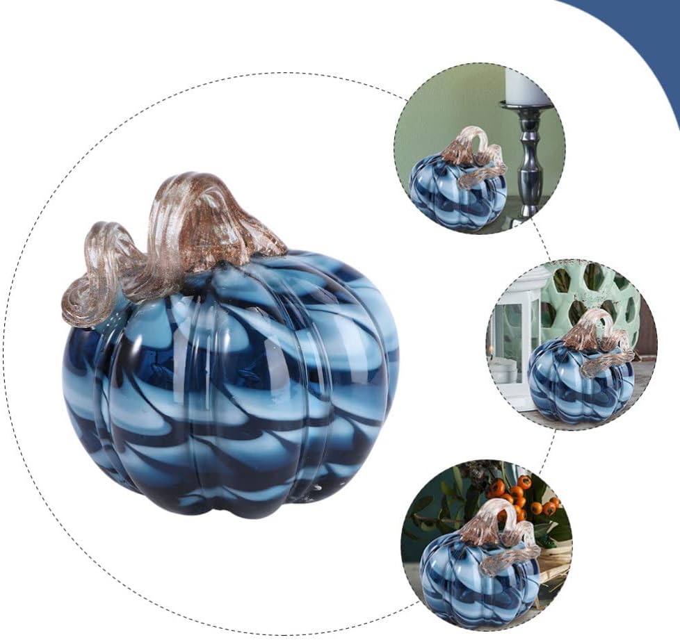 Homoyoyo Glass Pumpkin, Blue Handblown Pumpkin Elegant Table Accent Handmade Table Top Home Décor for Holloween Christmas Fall Harvest& Thanksgiving Decorating