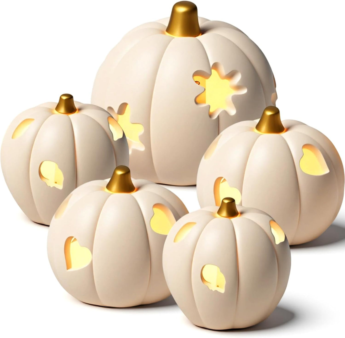 Geelin 5 Pack Halloween Lighted Pumpkin Decor for Table Centerpiece, Orange | Various Sizes Hollow Carved, Warm LED for Thanksgiving Centerpiece, Mantel Windowsill Autumn Indoor Home Decorations