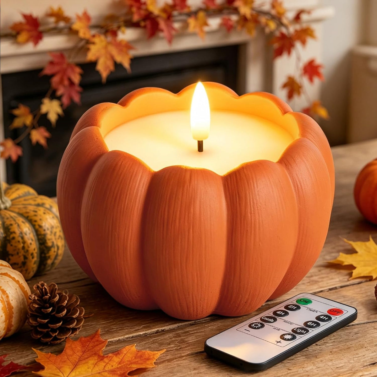 ARIKJ Fall Decorations for Home, Large Flameless Pumpkin Candle, Orange | Fall Decor for Thanksgiving, Halloween, Farmhouse, Table, Room, Kitchen, Wax, Remote, Timer, Battery Operated, 5.1H, 5.3D