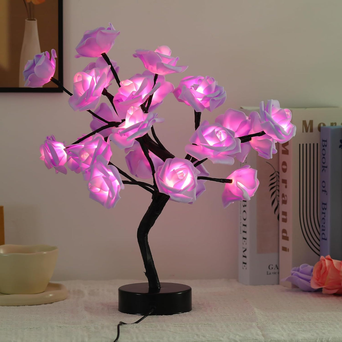 Drawelry Rose Flower Tree Lamp - LED Rose Tree Table Lamp USB/Battery Powered Artificial Bonsai Flower Night Light for Bedroom Living Room Party Wedding Valentines Mothers Day Decor (Red)