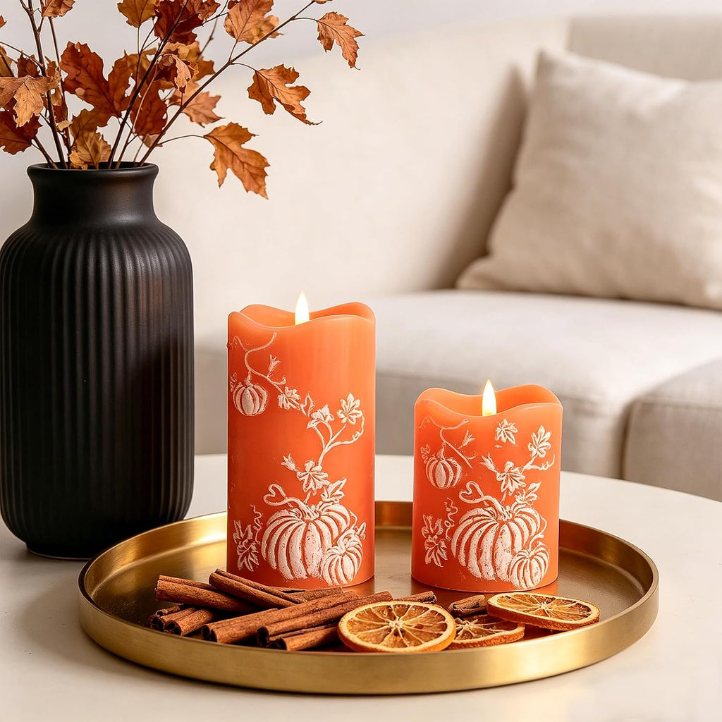 DN DECONATION Fall Decorations for Home, Flameless Pumpkin LED Candles | Orange & White, Real Wax, Pumpkin Embossed, Battery Operated Candles, Perfect for Autumn Thanksgiving, Home Table Decor, 2PCS