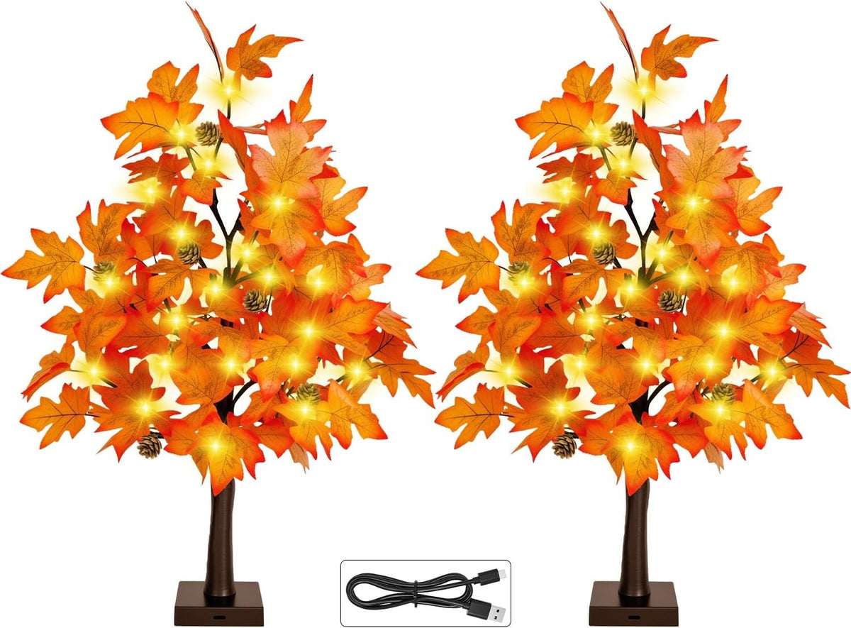Fall Decor 2FT Lighted Maple Tree - 24 Inch Tabletop Fall Tree with 36 LED Lights, 72 Maple Leaves, 6 Pines, Timer, Battery or USB Operated Artificial Tree Fall Decorations for Home