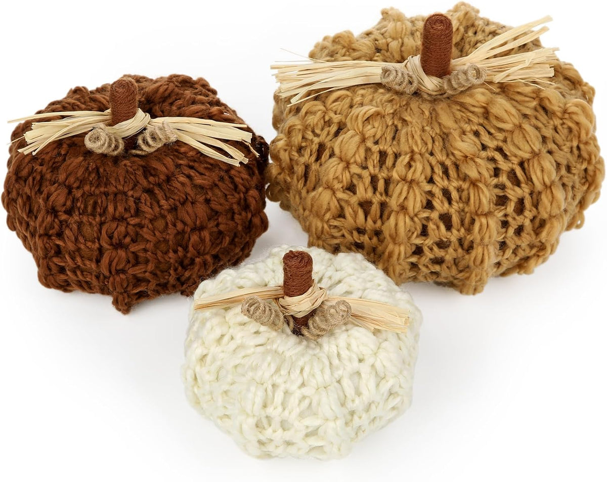 Briful 3PCS Fall Pumpkins Knitted Crocheted Decorative Rope Pumpkins, Cream | 7'' / 6.25'' / 5.5'' Autumn Pumpkins for Fall Centerpiece, Thanksgiving, Halloween Decorations, Farmhouse Home Indoor