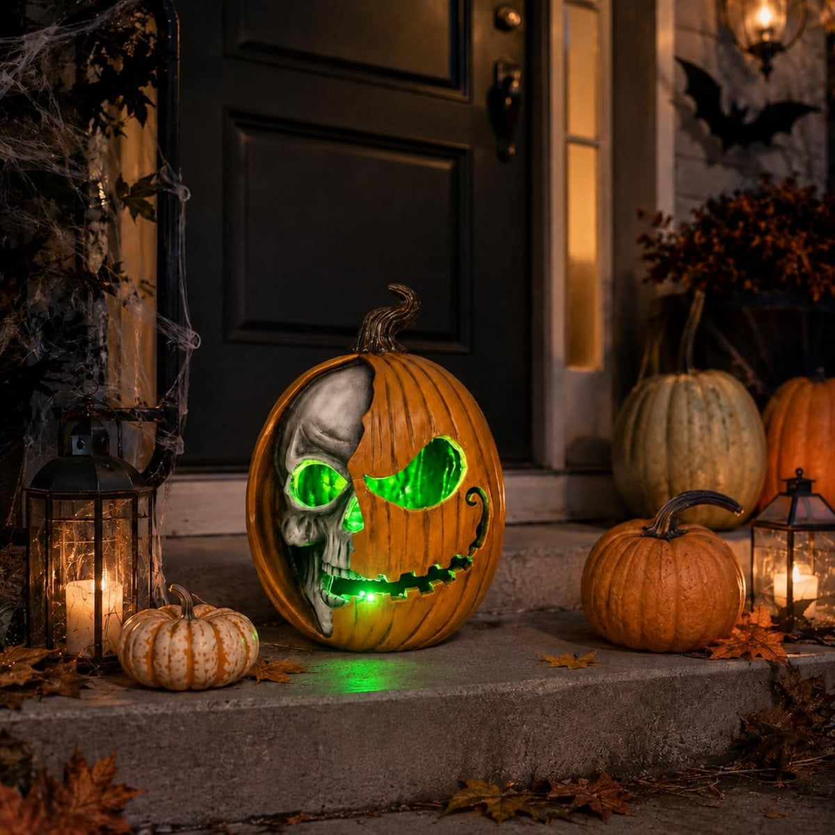 Led Light Up Jack O Lantern, Pumpkin Skull Halloween Decorations for Home | 11 Large Lighted Resin Scary Skeleton Head Figurine, Spooky Decor for Outdoor Front Porch Door, Indoor Table Top, Mantle