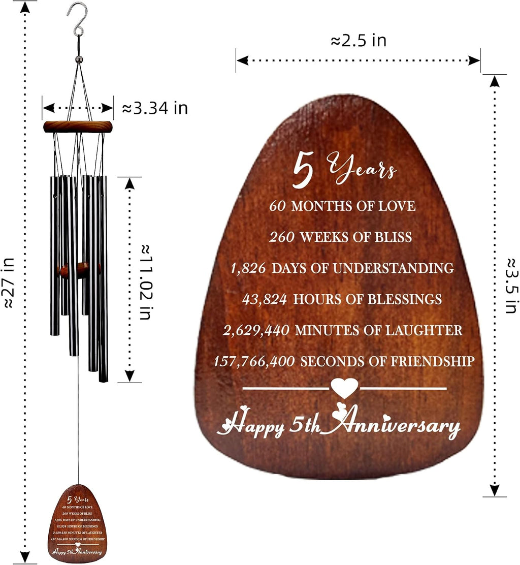5 Years Anniversary Wind Chime, Happy 5th for Husband Wife Couples, 5 Years of Marriage, Wood Wedding Keepsake Gifts, Wooden Wedding