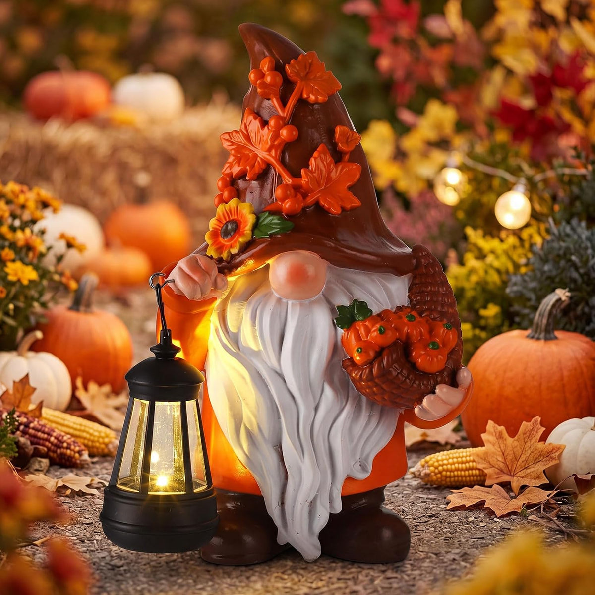 Capoda 8 Fall Gnomes Figurines Decorations with Solar Lights Resin Thanksgiving Autumn Figurines with Pumpkin Sunflower Maple Leaves Harvest Gift for Home Mantel Shelf Table Centerpiece Decor