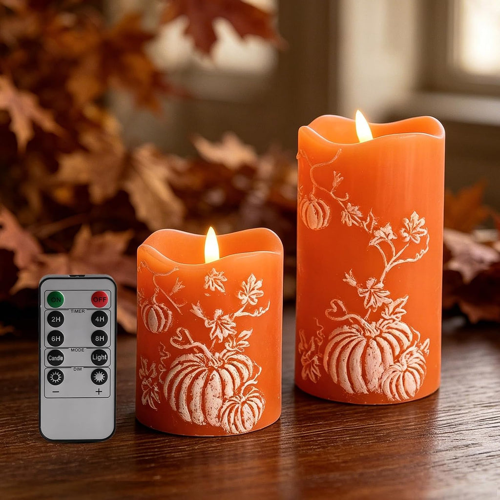 DN DECONATION Fall Decorations for Home, Flameless Pumpkin LED Candles | Orange & White, Real Wax, Pumpkin Embossed, Battery Operated Candles, Perfect for Autumn Thanksgiving, Home Table Decor, 2PCS
