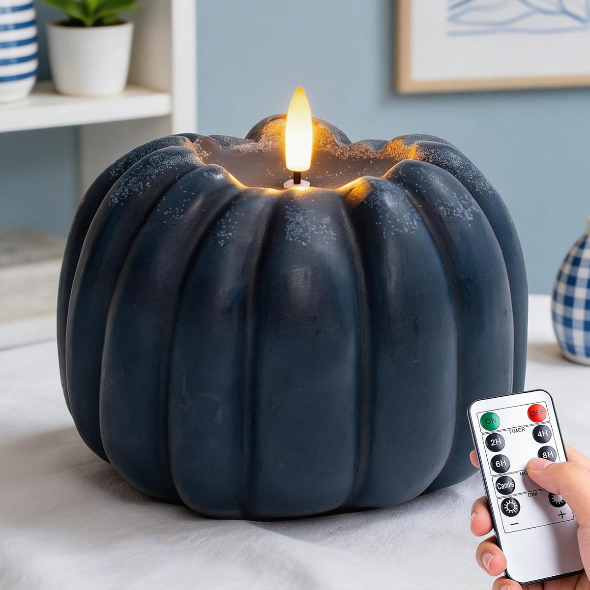 ARIKJ Fall Decorations for Home, Large Flameless Pumpkin Candle, Orange | Fall Decor for Thanksgiving, Halloween, Farmhouse, Table, Room, Kitchen, Wax, Remote, Timer, Battery Operated, 5.1H, 5.3D