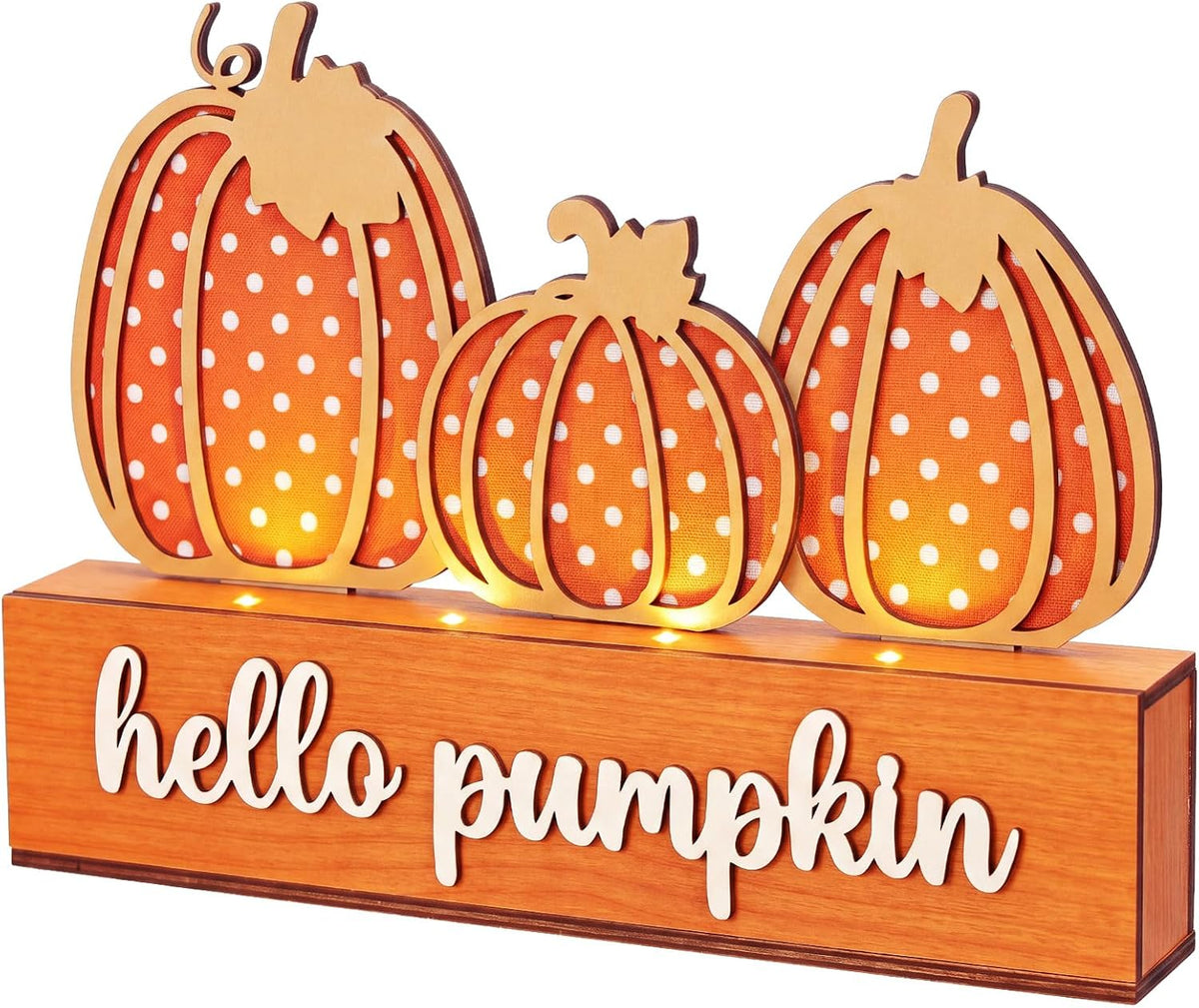 Yookeer Fall Pumpkin Decoration Lighted Vintage Fall Table Centerpiece LED | Wood, Autumn Tabletop Decor, Thankful Grateful Blessed, Harvest Farmhouse, Hello Pumpkin Table Sign, Autumn Thanksgiving Home