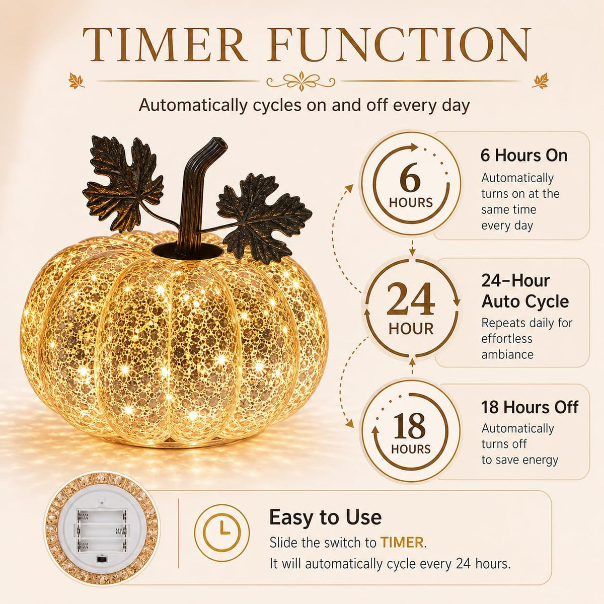 Mercury Glass Pumpkin Light with Timer, 6 Inch Gold Battery Operated LED Pumpkin Decor with 10 Warm Fairy Lights, Light Up Fall Halloween Thanksgiving Table Centerpiece for Home Mantel Shelf