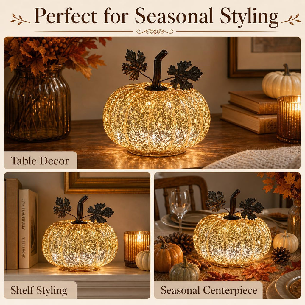 Mercury Glass Pumpkin Light with Timer, 6 Inch Gold Battery Operated LED Pumpkin Decor with 10 Warm Fairy Lights, Light Up Fall Halloween Thanksgiving Table Centerpiece for Home Mantel Shelf