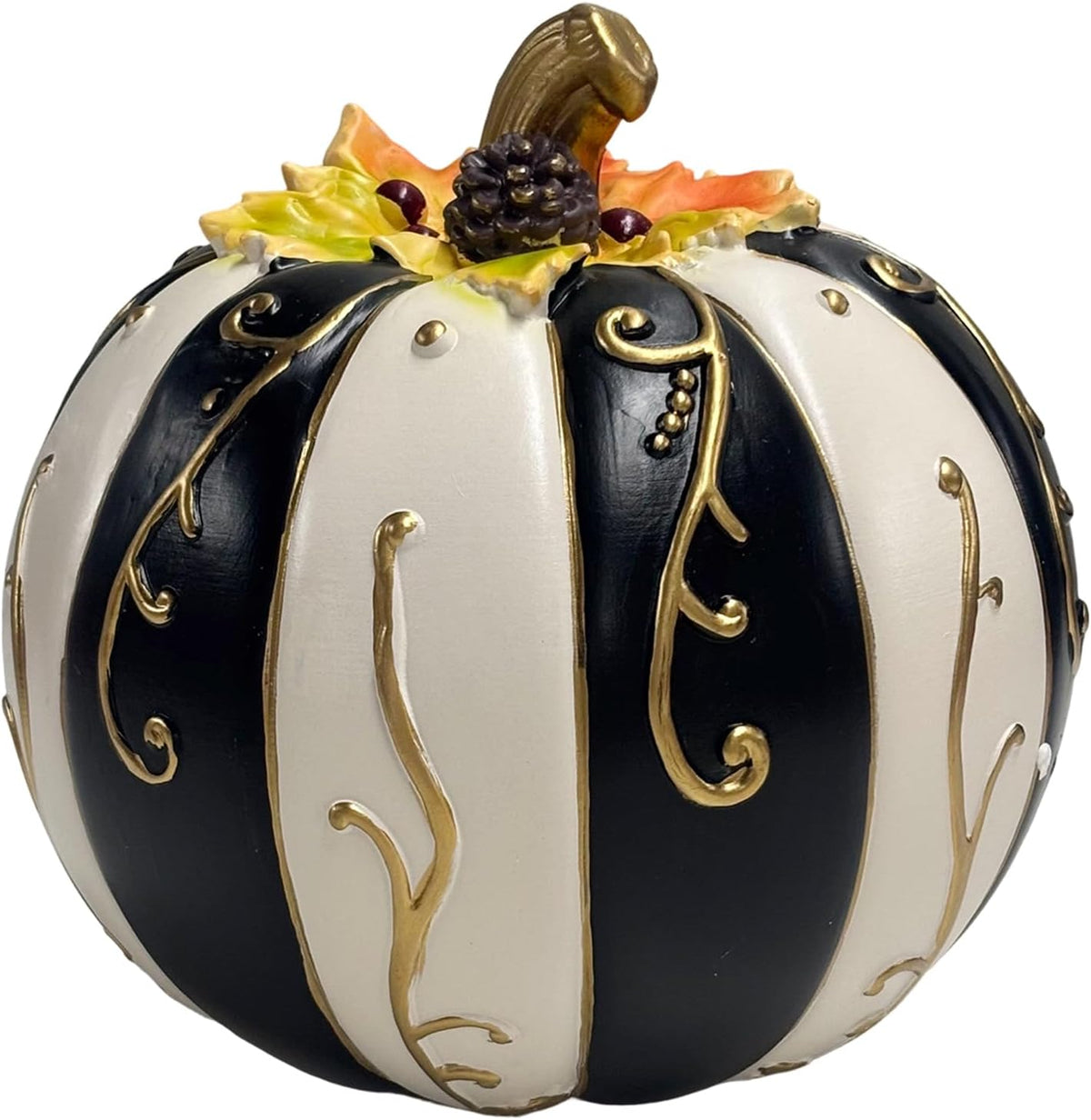 Farmhouse Lighted Pumpkin Figurine Resin Black White Striped Gold Swirl | Warm Flickering Glow Glowing Centerpiece Fall Halloween Thanksgiving Indoor Table Fireplace Autumn Decor