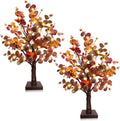 TURNMEON Fall Decor 2 Pack 18 Inch Tabletop Prelit Fall Trees 48 LED Timer | Fall Decorations for Home, Battery Operated, Maple Tree 288 Eucalyptus Leafed 12 Acorns Berried, Thanksgiving Table Decor