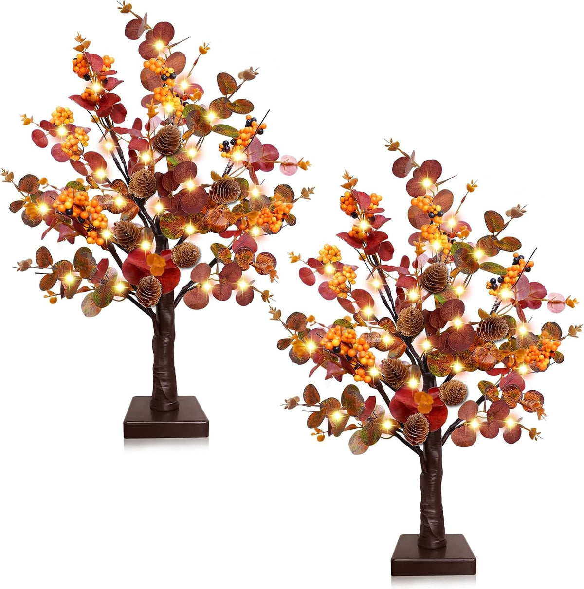 TURNMEON Fall Decor 2 Pack 18 Inch Tabletop Prelit Fall Trees 48 LED Timer | Fall Decorations for Home, Battery Operated, Maple Tree 288 Eucalyptus Leafed 12 Acorns Berried, Thanksgiving Table Decor