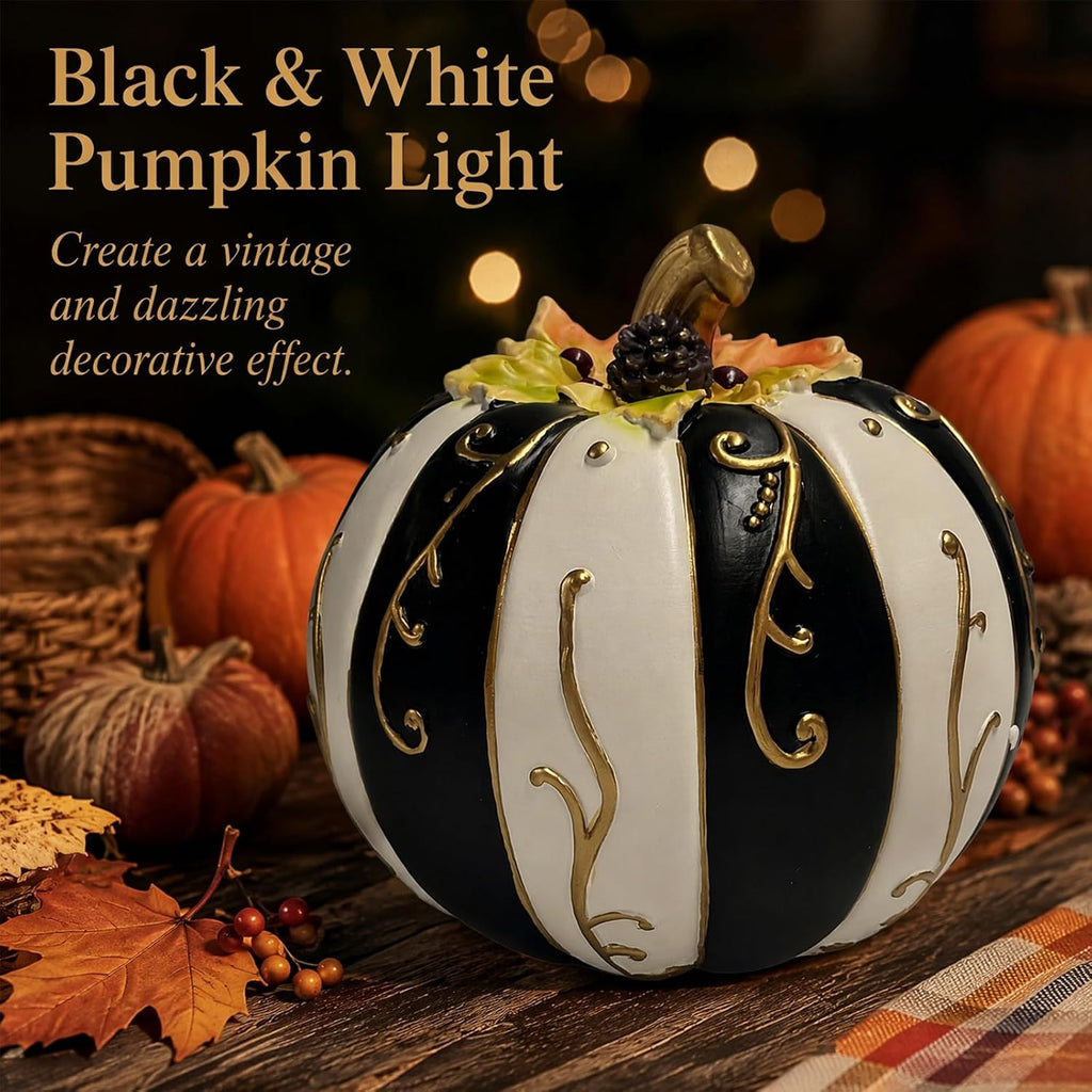 Farmhouse Lighted Pumpkin Figurine Resin Black White Striped Gold Swirl | Warm Flickering Glow Glowing Centerpiece Fall Halloween Thanksgiving Indoor Table Fireplace Autumn Decor