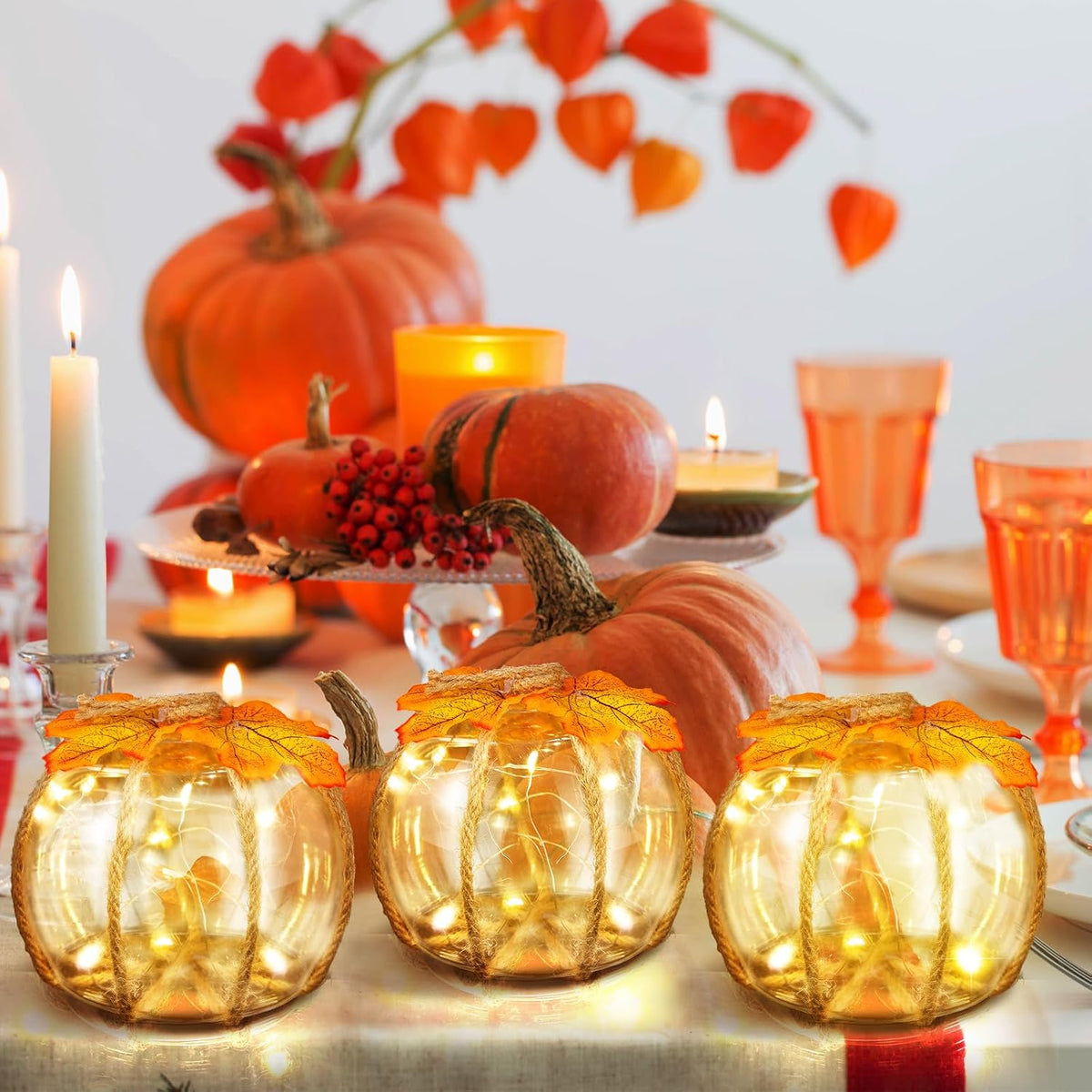 Honeydak Fall Decorations for Home, 3 Pcs Glass Pumpkin Lights with LED | Warm Fairy Starry Lights, for Autumn Harvest, Thanksgiving, Halloween, Mantel, Shelf, Table Centerpiece Decor or Gifts