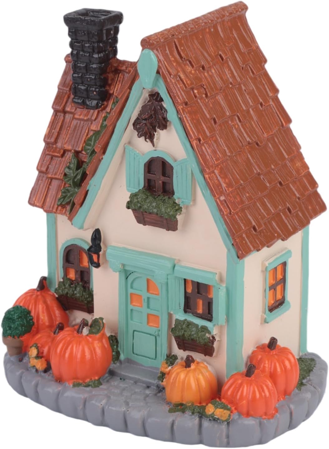 Lighted Resin Pumpkin House, LED Warm Glow Cottage Tabletop Decor | Hidden LED Inside, Auto Timer, Stone Base, 19cm Tall, No Assembly, for Mantel Entryway Shelf
