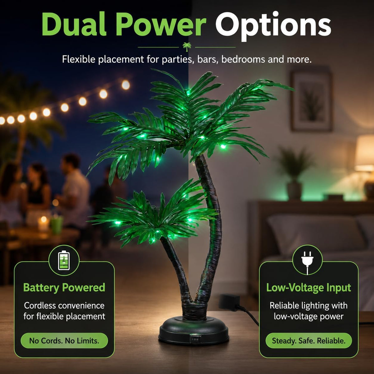 24 Lighted Palm Tree Decor, Tropical Tabletop LED Palm Tree Light with 25 Green LEDs, Battery Powered & Low Voltage Input, 6H Timer, Frosted Metal Base for Tiki Bar, Party, Bedroom