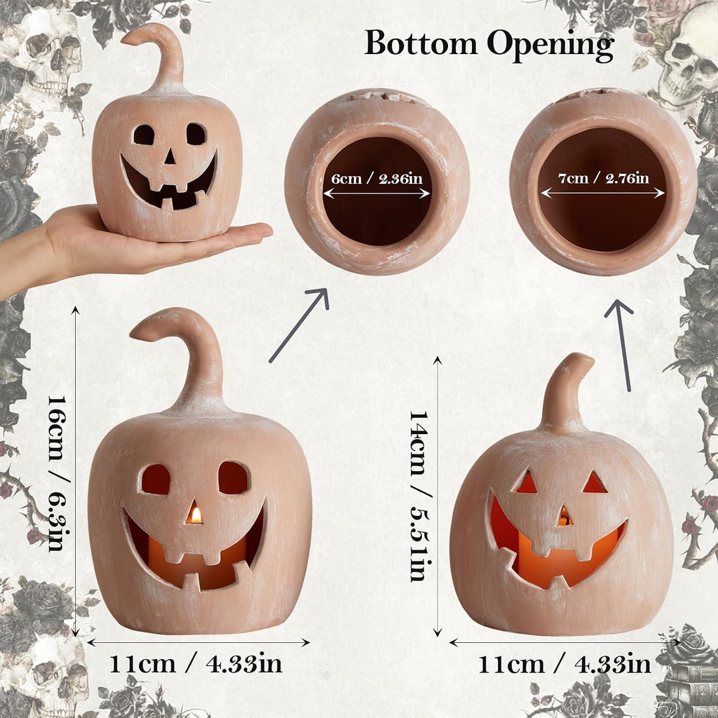 DN DECONATION Halloween Fall Pumpkin Decor, Jack O Lantern Tealight Holders | Terracotta Pumpkin Tea Light Candle Holders, Carved Face, For Fall Halloween Decorations, Farmhouse Table Mantle Decor, 2PCS