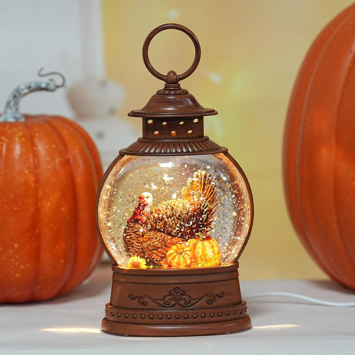 Fall Decor Snow Globe Turkey Pumpkins Lighted Lantern Thanksgiving Decor | Swirling Glitter Snow Globe with 6h Timer, Autumn Harvest Day Gifts Fall Decorations for Home, USB/Battery Powered