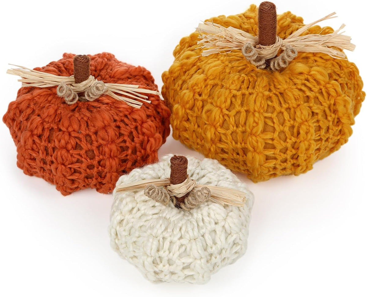 Briful 3PCS Fall Pumpkins Knitted Crocheted Decorative Rope Pumpkins, Cream | 7'' / 6.25'' / 5.5'' Autumn Pumpkins for Fall Centerpiece, Thanksgiving, Halloween Decorations, Farmhouse Home Indoor