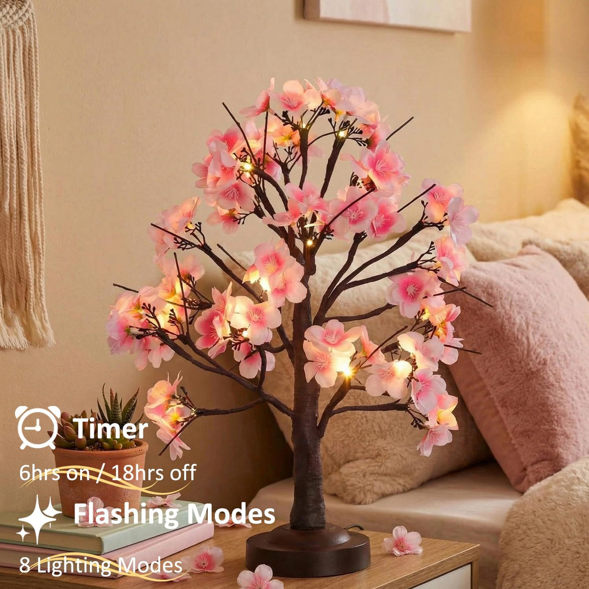 ooLALoo 18 Inch Cherry Blossom Tree with Timer, Warm White Tabletop Spring Bonsai Tree USB/Battery Operated, Light up Artificial Tree Decorations for Christmas Indoor Mantel Home Wedding Easter Gift