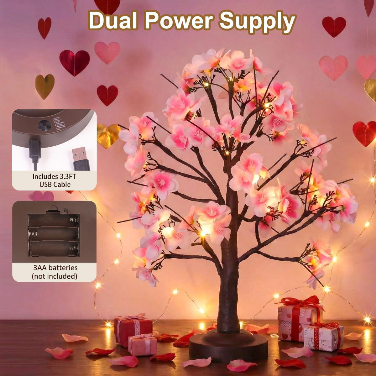 ooLALoo 18 Inch Cherry Blossom Tree with Timer, Warm White Tabletop Spring Bonsai Tree USB/Battery Operated, Light up Artificial Tree Decorations for Christmas Indoor Mantel Home Wedding Easter Gift