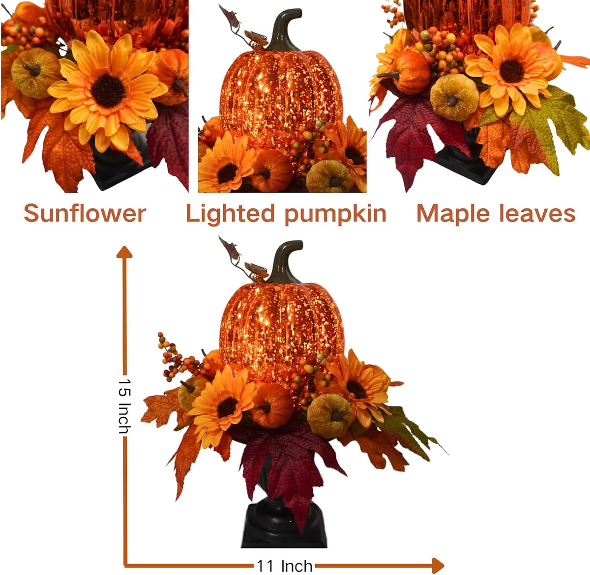 Svndlyn 15 Inch Lighted Fall Pumpkin Arrangement with Pumpkin, Daisies | 15 LEDs with Mercury Glass-Style Pumpkin, Mini Pumpkins, Maple Leaves and Berry Clusters for Fall Thanksgiving Harvest Decor