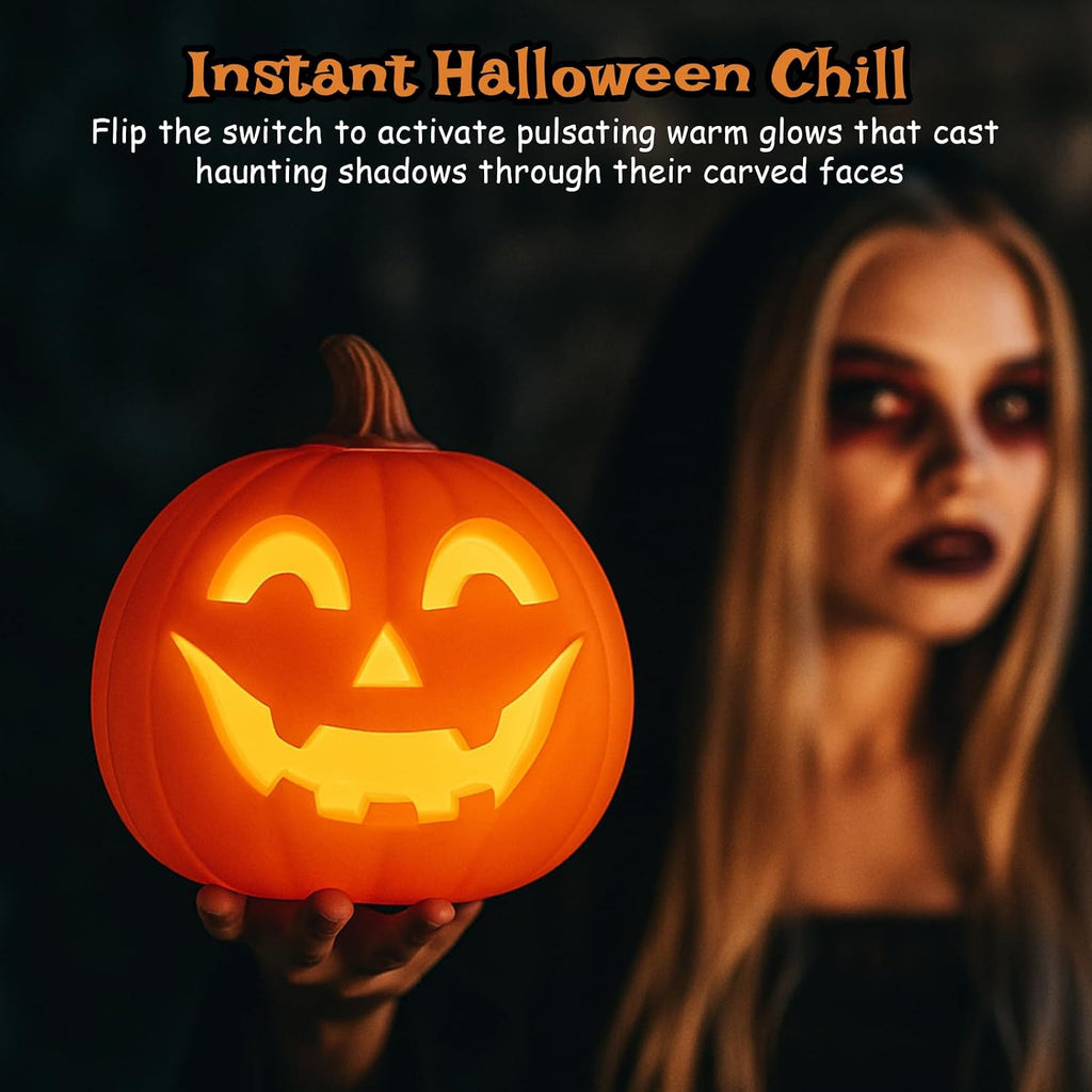 Kittmip 2 Pcs Halloween Jack O Lantern Pumpkins, Orange Warm Light | Battery Operated LED Lights, Light up Decor Indoor Outdoor, Spooky Carved Face for Halloween Party Porch Yard, Safe Flameless