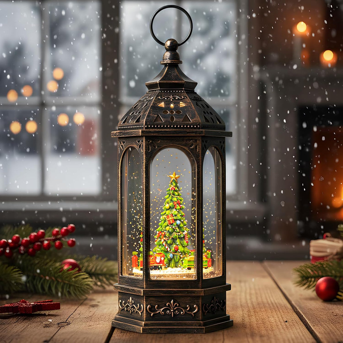 Fall Harvest Snow Globe Lantern, Lighted Autumn Pumpkin Snow Globe with Sunflowers, Scarecrow & Fence, Vintage Tabletop Thanksgiving Decor for Home, Living Room, Mantel, Farmhouse