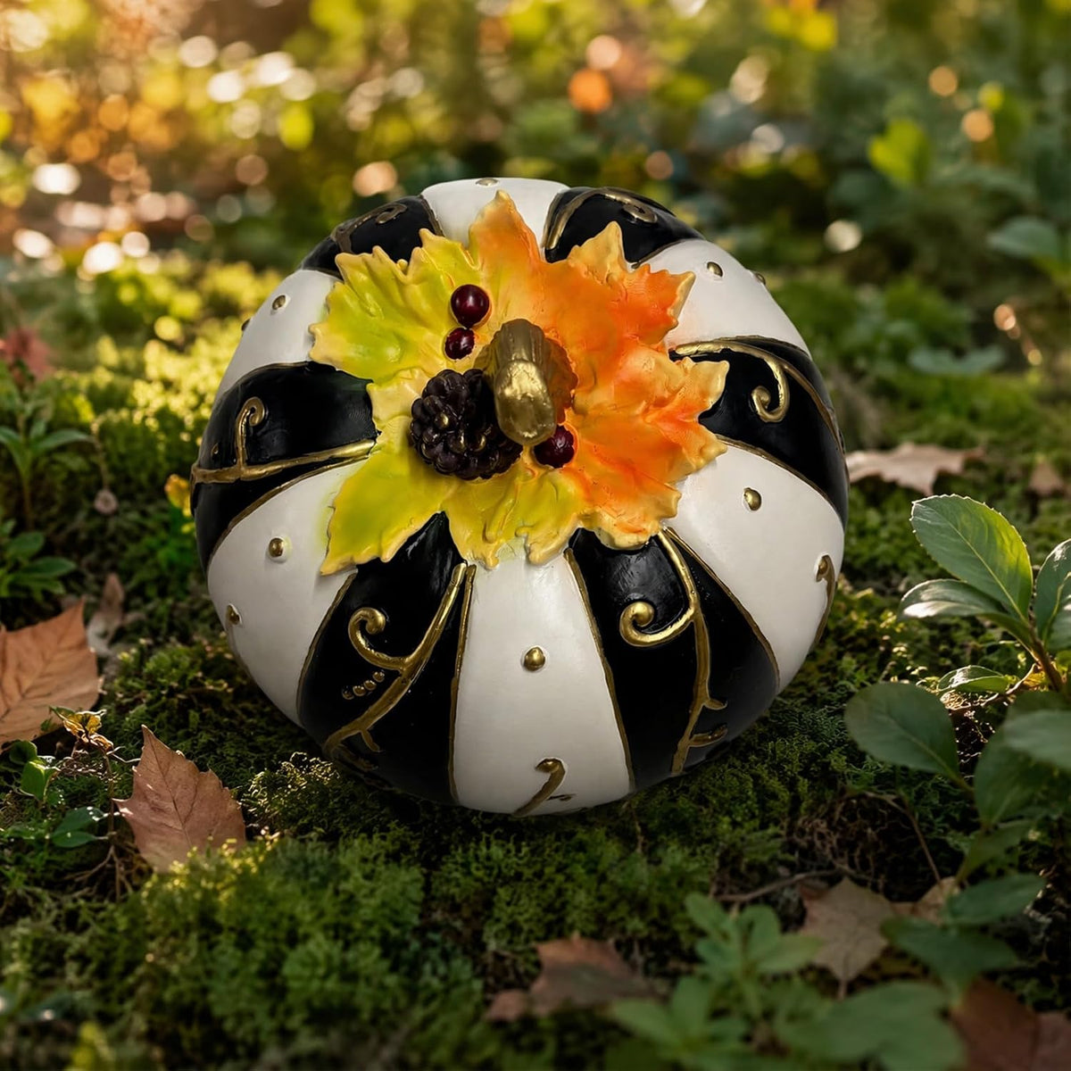 Farmhouse Lighted Pumpkin Figurine Resin Black White Striped Gold Swirl | Warm Flickering Glow Glowing Centerpiece Fall Halloween Thanksgiving Indoor Table Fireplace Autumn Decor