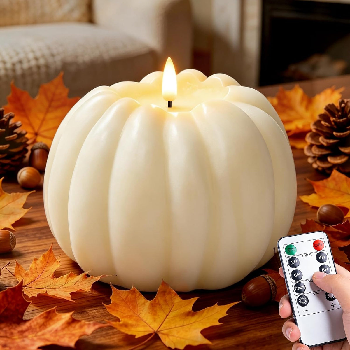 ARIKJ Fall Decorations for Home, Large Flameless Pumpkin Candle, Orange | Fall Decor for Thanksgiving, Halloween, Farmhouse, Table, Room, Kitchen, Wax, Remote, Timer, Battery Operated, 5.1H, 5.3D